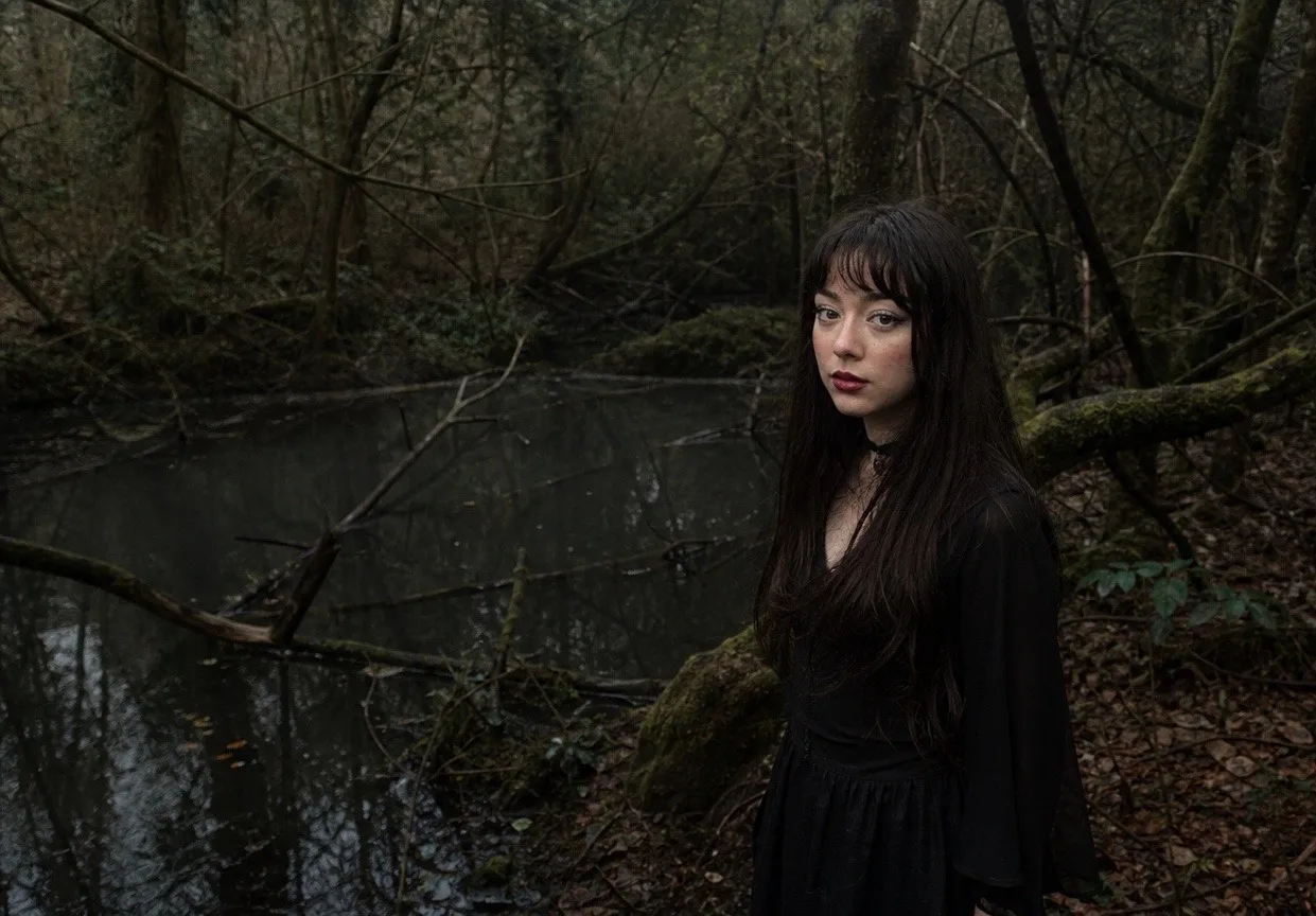 Raina standing among moss-covered trees